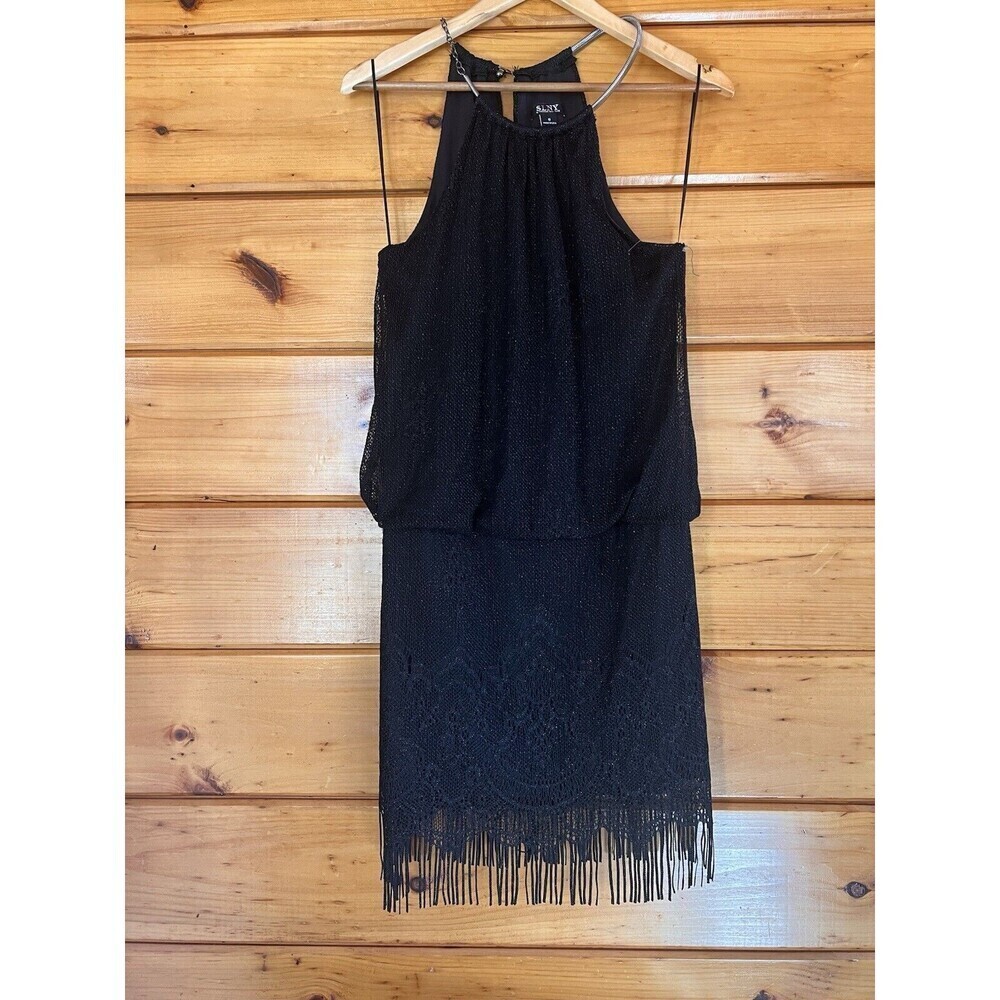 SLNY S.L. Fashions Women's Halter Metallic Crochet Dress Black Size 6